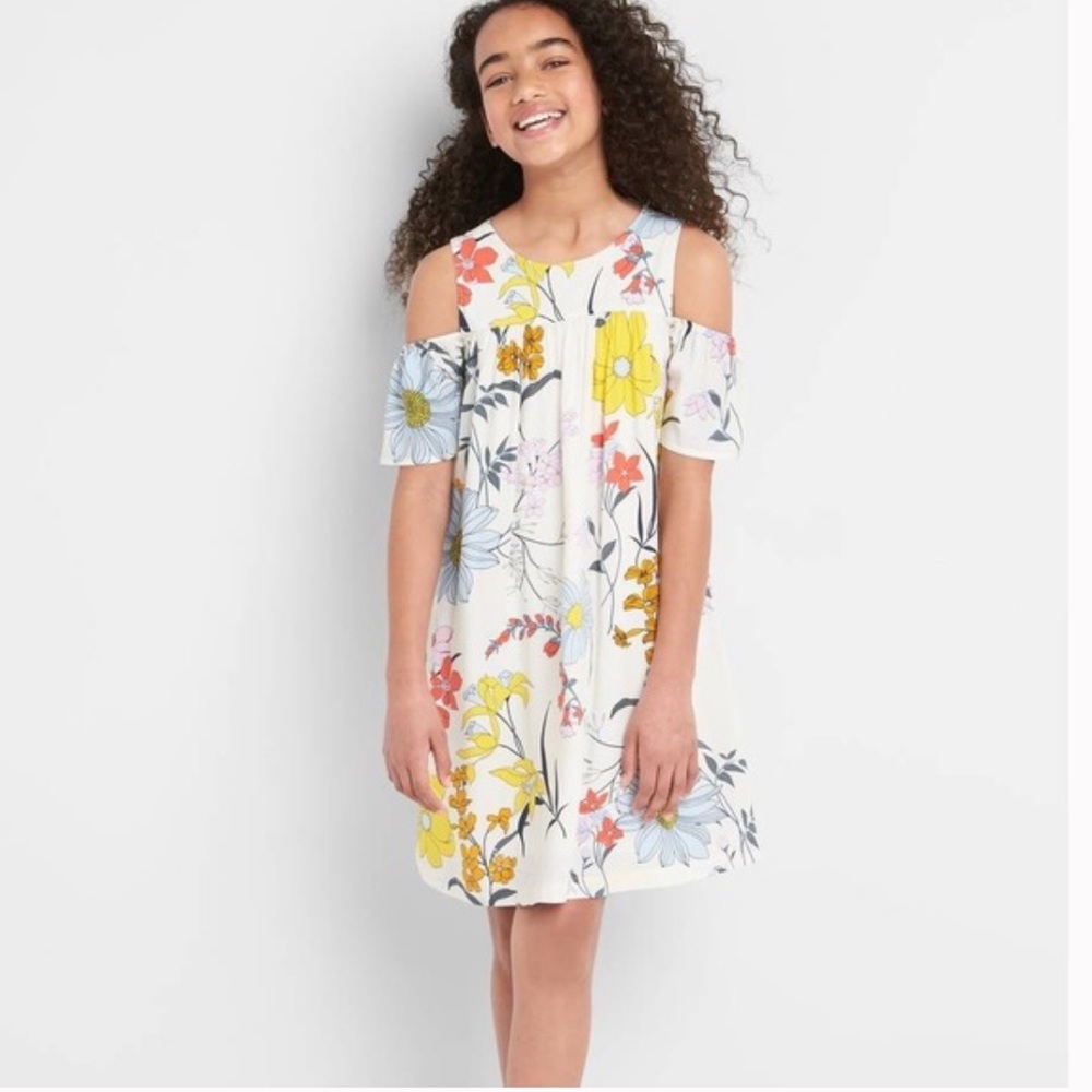 GAP Girls White Floral Cold-Shoulder Dress with Yellow & Blue Flowers